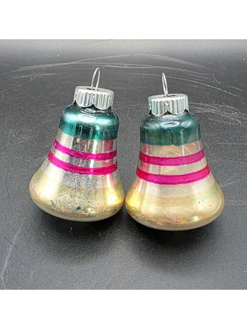 Vintage MCM 2" Shiny Brite Mercury Glass Striped Bell Christmas Ornaments USA